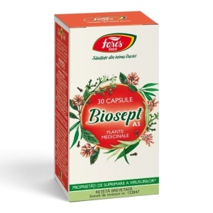Biosept A5, capsule care ajută la ameliorarea simptomelor de răceală și viroză și susțin sănătatea căilor respiratorii, 30 capsule, Fares