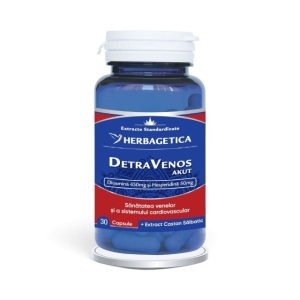 Detravenos Akut, supliment alimentar destinat susținerii circulației venoase, sănătății venelor și confortului picioarelor, 30 capsule, Herbagetica