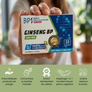 Ginseng BP, supliment alimentar destinat susținerii energiei, vitalității și rezistenței organismului, cu extract de Panax Ginseng, 200 mg, 30 capsule, Balkan Pharmaceuticals - Img 5