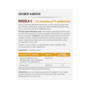 Rhodiola + Vitamina C, cu extract standardizat de Rhodiola rosea, ajută la adaptarea organismului la stres, susține energia și reduce oboseala, 30 capsule, Parapharm - Img 2