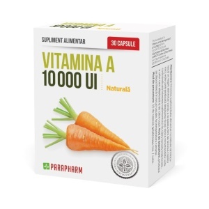 Vitamina A 10.000 UI, din extract natural de morcovi, susține vederea, sănătatea pielii și imunitatea, 30 capsule, Parapharm