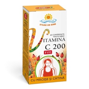 Vitamina C 200 mg cu Măceșe și Cătină F152, comprimate masticabile care susțin imunitatea și energia și ajută la reducerea oboselii, 60 comprimate, Fares