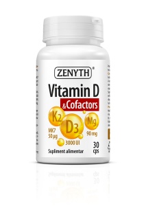 Vitamina D și Cofactori, cu D3 3000 UI, K2-MK7 și magneziu, susține sănătatea oaselor, funcționarea mușchilor și imunitatea, 30 capsule, Zenyth
