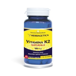 Vitamina K2 Naturală, supliment alimentar destinat susținerii sănătății oaselor, dinților și echilibrului calciului în organism, 60 capsule vegetale, Herbagetica