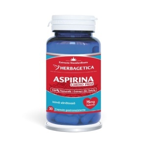 Aspirina naturală 75 mg Cardio Prim, supliment alimentar destinat susținerii sănătății inimii și circulației sanguine, 30 capsule, Herbagetica