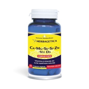 Ca+Mg+Se+Si+Zn+Vit D3 Complex Forte, supliment alimentar destinat susținerii sănătății oaselor, articulațiilor, mușchilor și imunității, 30 capsule, Herbagetica