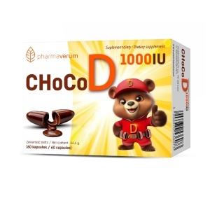 ChocoD Vitamina D3 1000 UI, capsule masticabile cu ciocolată, susține sănătatea oaselor, dinților și imunitatea, 60 capsule, Pharmaverum