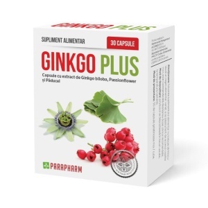 Ginkgo Plus, cu Ginkgo biloba, păducel și passiflora, susține memoria, circulația și starea de calm, 30 capsule, Parapharm