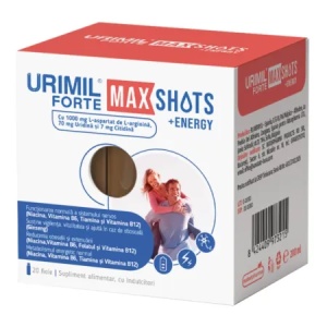 Urimil Forte Max Shots +Energy, susține energia și vitalitatea, ajută la reducerea oboselii în perioade solicitante, 20 fiole, Naturpharma