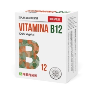 Vitamina B12 400 µg, cianocobalamină, ajută la reducerea oboselii, susține energia și sistemul nervos, 30 capsule, Parapharm