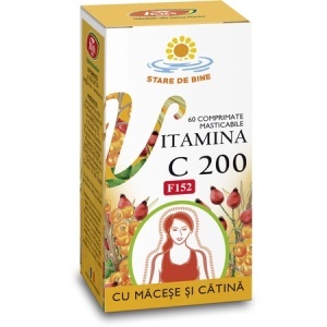 Vitamina C 200 mg cu Măceșe și Cătină, F152, 60 comprimate masticabile, Fares