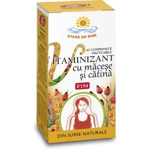 Vitaminizant cu măceșe și cătină, F154, 63 comprimate masticabile, Fares