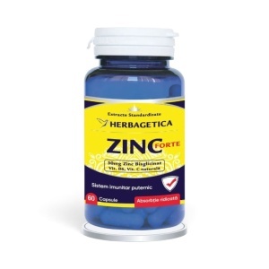 Zinc Forte, supliment alimentar destinat susținerii imunității, sănătății pielii, părului, unghiilor și vitalității organismului, cu zinc bisglicinat, vitamina B6, acerola și măceș, 60 capsule, Herbagetica