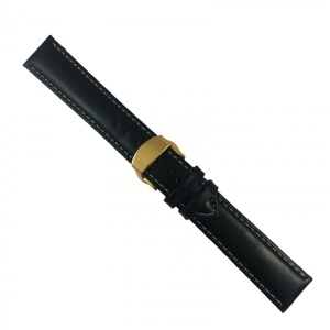 Curea Ceas Piele Neagră, Cusătură Albă & Deployant Auriu (14-24mm) - Img 4