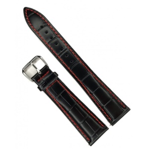 Curea Ceas XL din Piele Naturală Neagră, Dublu Strat cu Interior Negru și Cusătură Roșie Contrastantă (18mm - 22mm)