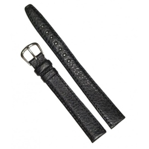 Curea de Ceas Piele Neagră Bizonată – 14/12 mm – Lungime XL – Cusătură Neagră – Cataramă Argintie