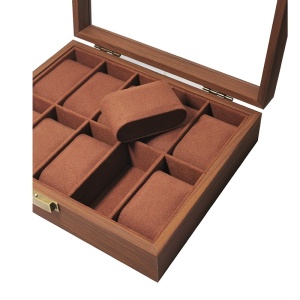 Cutie pentru Ceasuri Coffee Brown – 10 Spații – Lemn cu Geam Sticlă și Feronerie Alamă – CF-H46-6 - Img 4