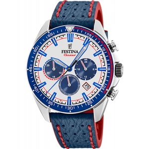 Festina Timeless Chronograph – Miyota JS25 Quartz – 43,5 mm – Cadran Argintiu/Albastru – Curea Piele Albastră
