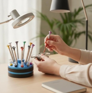 Set Șurubelnițe de Precizie cu Stand Rotativ – Aliaj Aluminiu-Cupru – Pentru Telefoane, Laptopuri, Ceasuri și Ochelari - Img 3