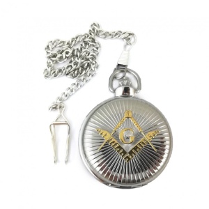 Ceas de Buzunar Masonic – 55 mm – Carcasă Argintie cu Simbol Auriu – Cadran 43 mm