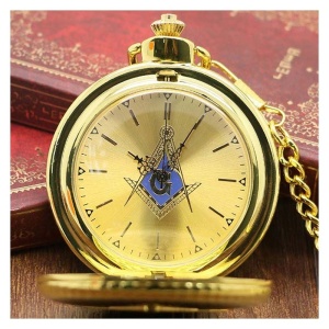 Ceas de Buzunar Masonic - Auriu - Cadran 43 mm - Quartz - Cu Lanț și Agățătoare - Img 3