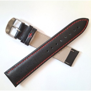 Curea Ceas din Piele Naturală Neagră, cu Cusătură Roșie 20mm 22mm - Img 2