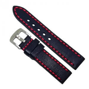 Curea de ceas din piele naturala neagra, cusatura rosie - 18mm, 20mm, 22mm, 24mm - C3031