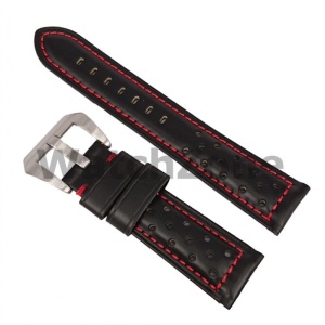 Curea de Ceas din Piele Neagră – Cusătură Roșie – 20/22/24 mm – Piele de Vițel – Cataramă Oțel Inoxidabil