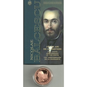 Monedă 1 LEU 2009 Nicolae Bălcescu – 190 de ani de la naștere – Tombac Cuprat – PROOF – Certificat BNR – Tiraj 1000