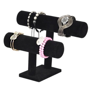 Stativ pentru Ceasuri, Brățări și Lanțuri – Catifea Gri / Negru – 2 Cilindri (26 cm și 22 cm) – Lemn și Catifea – WZ3526 - Img 7