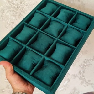 Tavă Catifea pentru Ceasuri și Bijuterii – 2 în 1 – 12 Spații – Verde – 35 x 25 x 5 cm – Depozitare Stivuită