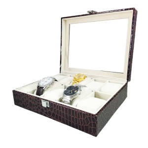 Caseta Ceasuri 10 Spatii Neagra / Maro / Visinie Piele Ecologica CDN008 - Img 12