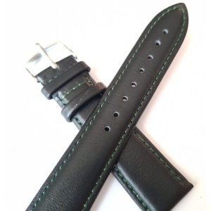 Curea Ceas din Piele Naturală Neagră, cu Cusătură Verde 20mm 22mm - Img 2