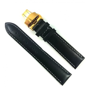 Curea Ceas Piele Neagră, Cusătură Albă & Deployant Auriu (14-24mm)