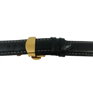 Curea Ceas Piele Neagră, Cusătură Albă & Deployant Auriu (14-24mm) - Img 6