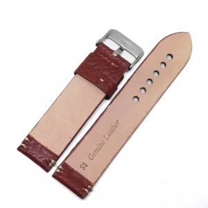 Curea de Ceas Piele Naturală Roșu Caramiziu – Textură Bizonată – 22 mm – Cusătură Albă – Cataramă Argintie - Img 2