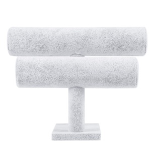 Stativ pentru Ceasuri, Brățări și Lanțuri – Catifea Gri / Negru – 2 Cilindri (26 cm și 22 cm) – Lemn și Catifea – WZ3526 - Img 4