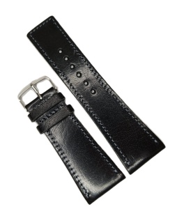 Curea Ceas HandMade în România – Piele Naturală Neagră – 34/22 mm – Cusătură Albastru Deschis