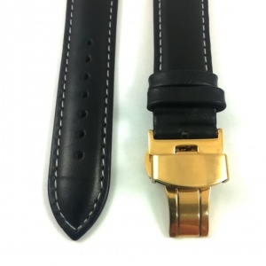 Curea Ceas Piele Neagră, Cusătură Albă & Deployant Auriu (14-24mm) - Img 5