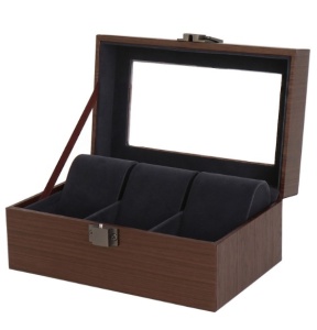 Cutie Depozitare 3 Ceasuri – Lemn Texturat Maro – Interior Negru – Pernițe Incluse – 17.5x11x8 cm