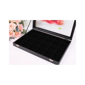 Casetă Prezentare Bijuterii cu 24 de Spații – Capac Geam Sticlă 3 mm – Catifea Neagră – Piele Ecologică – TEX974 - Img 3