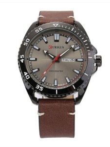 Ceas Bărbătesc Quartz – Carcasă Oțel Negru 46 mm – Cadran Maro – Curea Piele Ecologică Maro – Data și Ziua