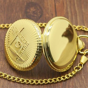 Ceas de Buzunar Masonic - Auriu - Cadran 43 mm - Quartz - Cu Lanț și Agățătoare - Img 2
