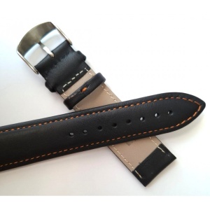 Curea Ceas din Piele Naturală Neagră, cu Cusătură Orange 20mm 22mm - Img 2