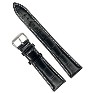 Curea Ceas XL din Piele Naturală Neagră, Dublu Strat cu Interior Negru și Cusătură Albă Contrastantă, Model WZ2921 (18mm - 22mm)