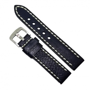 Curea de ceas din piele naturala neagra, cusatura alba - 20mm, 22mm - C3032