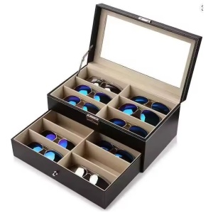 Casetă Depozitare Ochelari 12 Compartimente – 2 Niveluri – Piele Ecologică Neagră – Geam Sticlă - Img 4