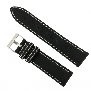 Curea de ceas din piele naturala Neagra, cusatura alba - 22mm WZ2888
