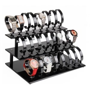 Suport Expunere Ceasuri – 24 Spații – Acril Transparent / Negru – 32 x 18 cm – 3 Rânduri x 8 Standuri – WZ1666