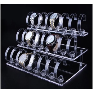 Suport Expunere Ceasuri – 24 Spații – Acril Transparent / Negru – 32 x 18 cm – 3 Rânduri x 8 Standuri – WZ1666 - Img 3